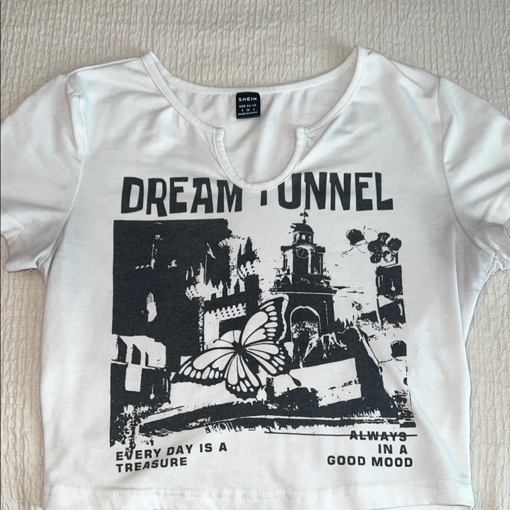 White Graphic Tee with Dream Tunnel Print